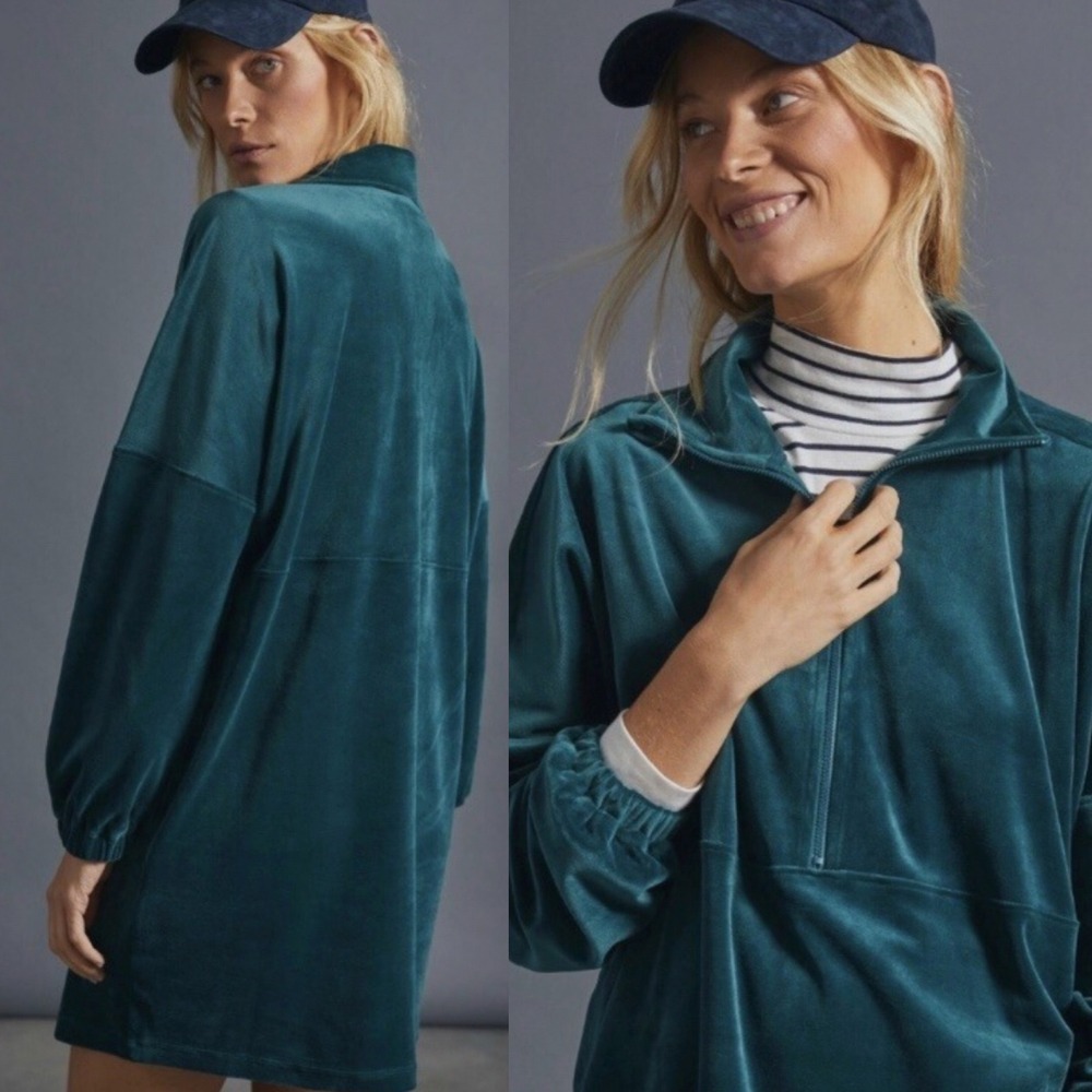 Anthropologie Saturday Sunday Rosalind Velvet Tunic Dress L Green Pockets Sporty
